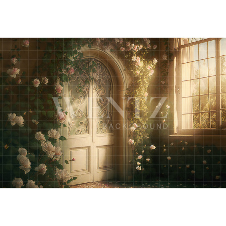 Fundo Fotográfico em Tecido Sala com Flores Brancas / Backdrop 2708