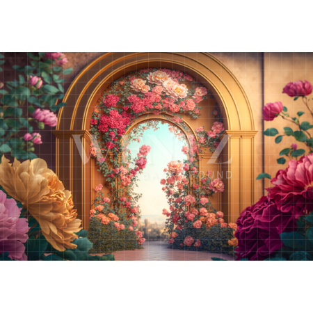 Fundo Fotográfico em Tecido Cenário Dourado com Rosas / Backdrop 2735