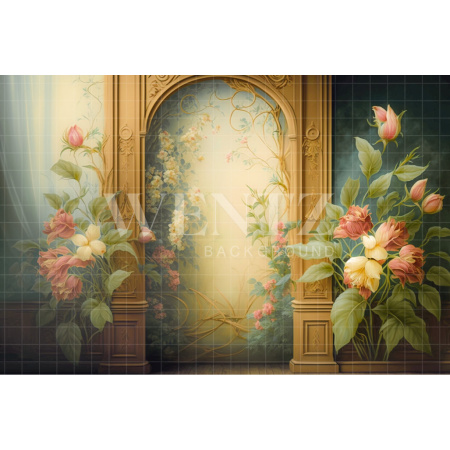 Fundo Fotográfico em Tecido Cenário Dourado com Flores / Backdrop 2757