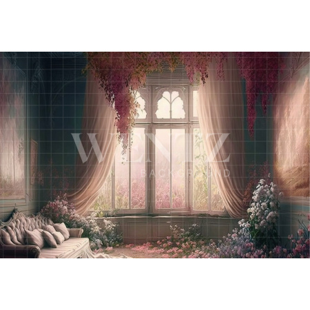 Fundo Fotográfico em Tecido Sala Florida com Sofá / Backdrop 2804