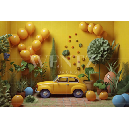 Fundo Fotográfico em Tecido Cenário Amarelo com Carrinho / Backdrop 4108