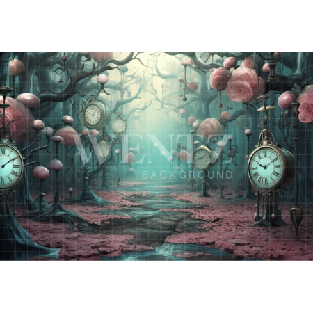 Fundo Fotográfico em Tecido Cenário com Relógio e Flores / Backdrop 4884