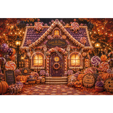 Fundo Fotográfico em Tecido Casa de Doces Halloween / Backdrop 8904