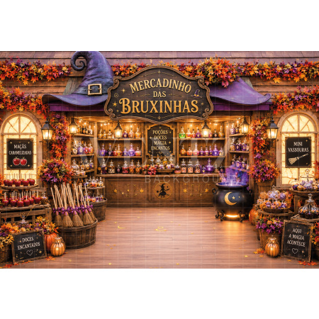 Fundo Fotográfico em Tecido Mercado das Bruxas Halloween / Backdrop 8909