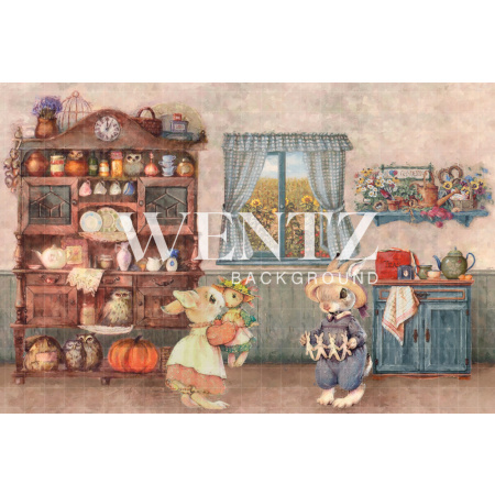 Fundo Fotográfico em Tecido Cozinha de Páscoa com Coelhos / Backdrop CW63
